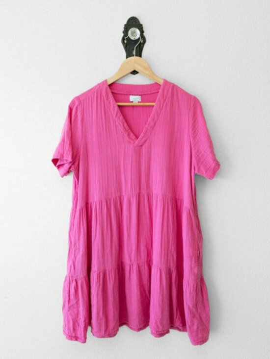Mud Pie Dresses & Skirts - Mud Pie Gauze Tiered Dress Womens S M Pink Cotton V Neck Pockets Cottagecore